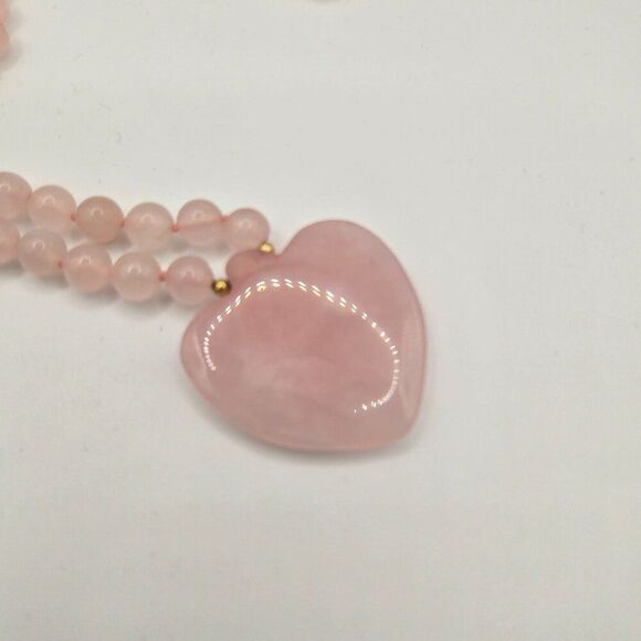 Vintage Pink Rose Quartz Beaded Necklace Heart Pendant 14K Gold Accents Pearls 1 - Picture 2 of 4